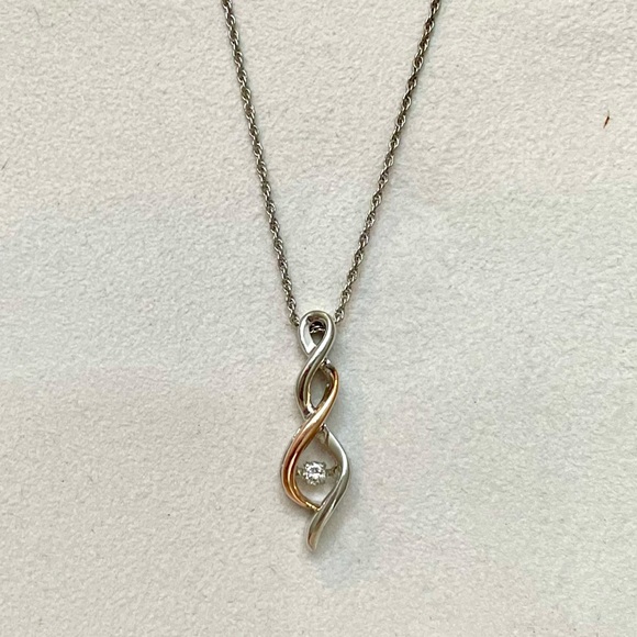 NWOT Genuine Floating Diamond, 10k Rose Gold & Sterling Silver Necklace - Picture 2 of 15